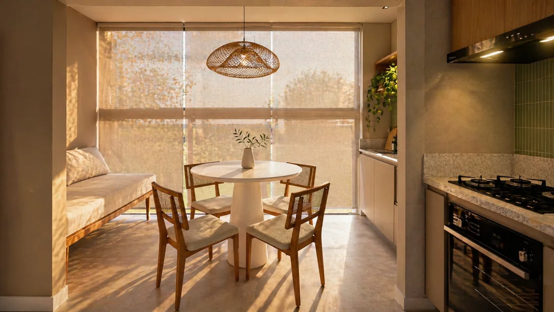 Varanda gourmet clara com mesa redonda e luz natural