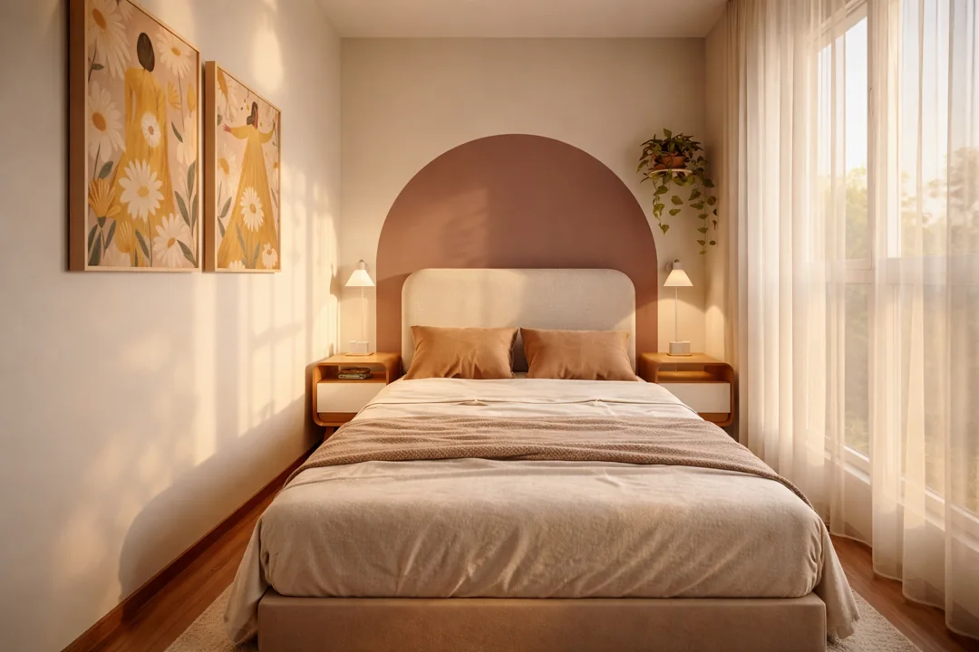 Quarto com cabeceira pintada em arco rosado
